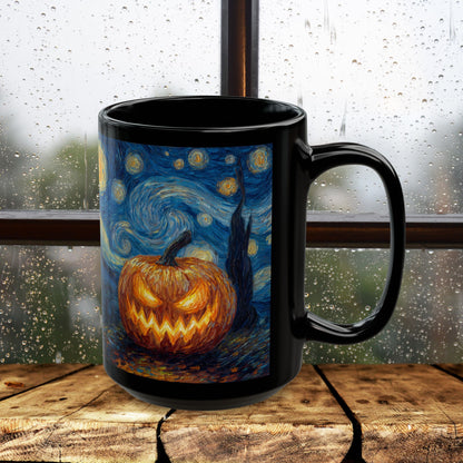 Halloween Pumpkin Art Mug, Black Mug for Halloween Decor, Starry Night Inspired, Spooky Coffee Cup, Gift for Pumpkin Lovers