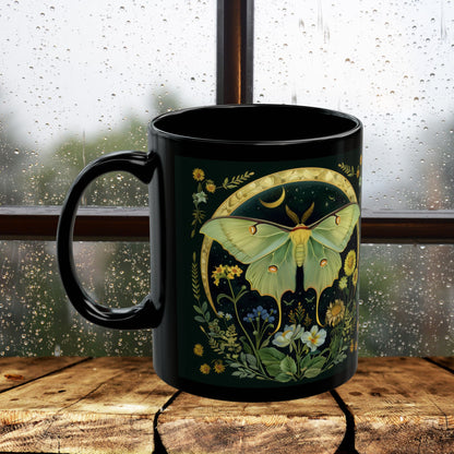 William Morris Inspired Luna Moth Crescent Moon Black Coffee Mug 11oz | Magical Luna Moth Ceramic Black Mug Gift