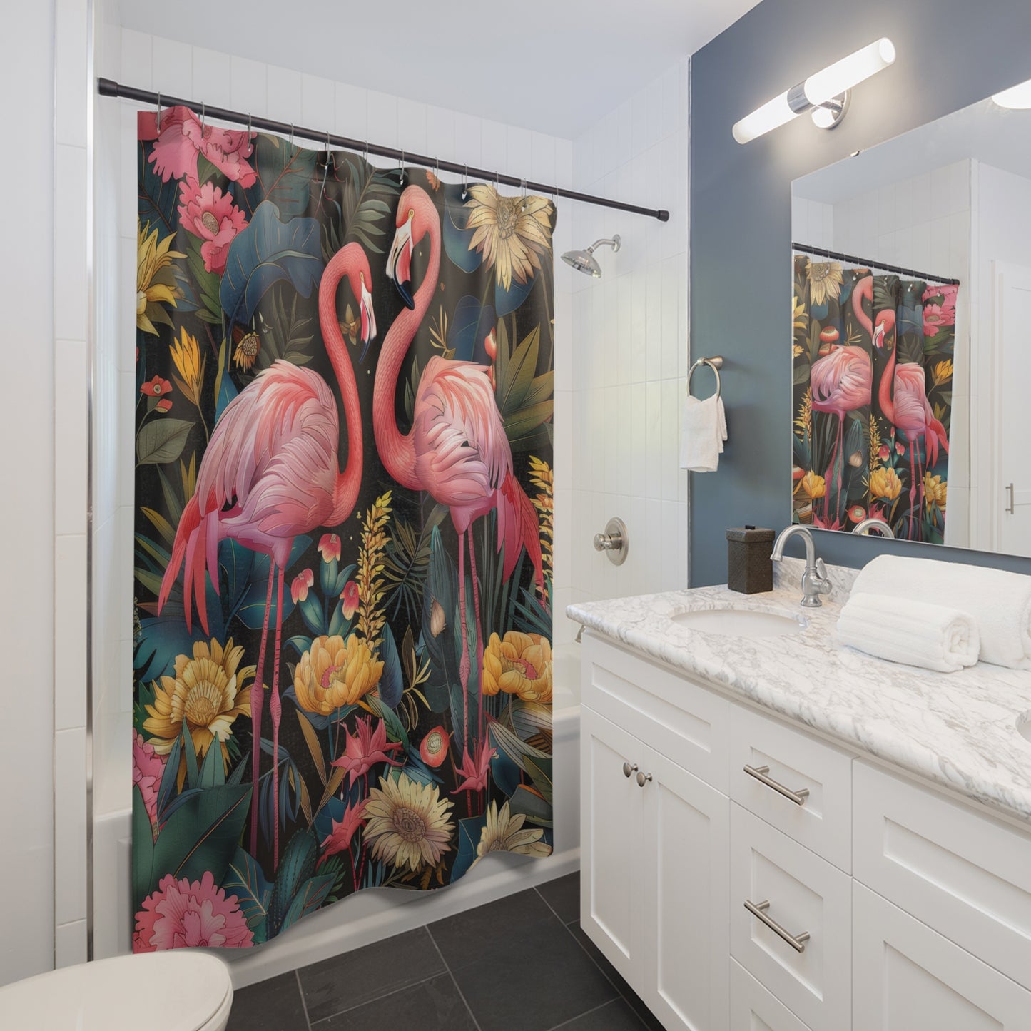 William Morris Inspired Botanical Pattern With Pink Flamingos Polyester Shower Curtain