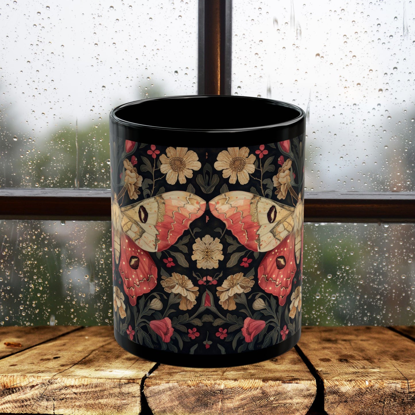 William Morris Inspired Botanical Rosy Maple Moth Black Mug 11oz, 15 oz