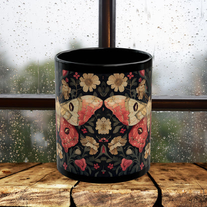 William Morris Inspired Botanical Rosy Maple Moth Black Mug 11oz, 15 oz
