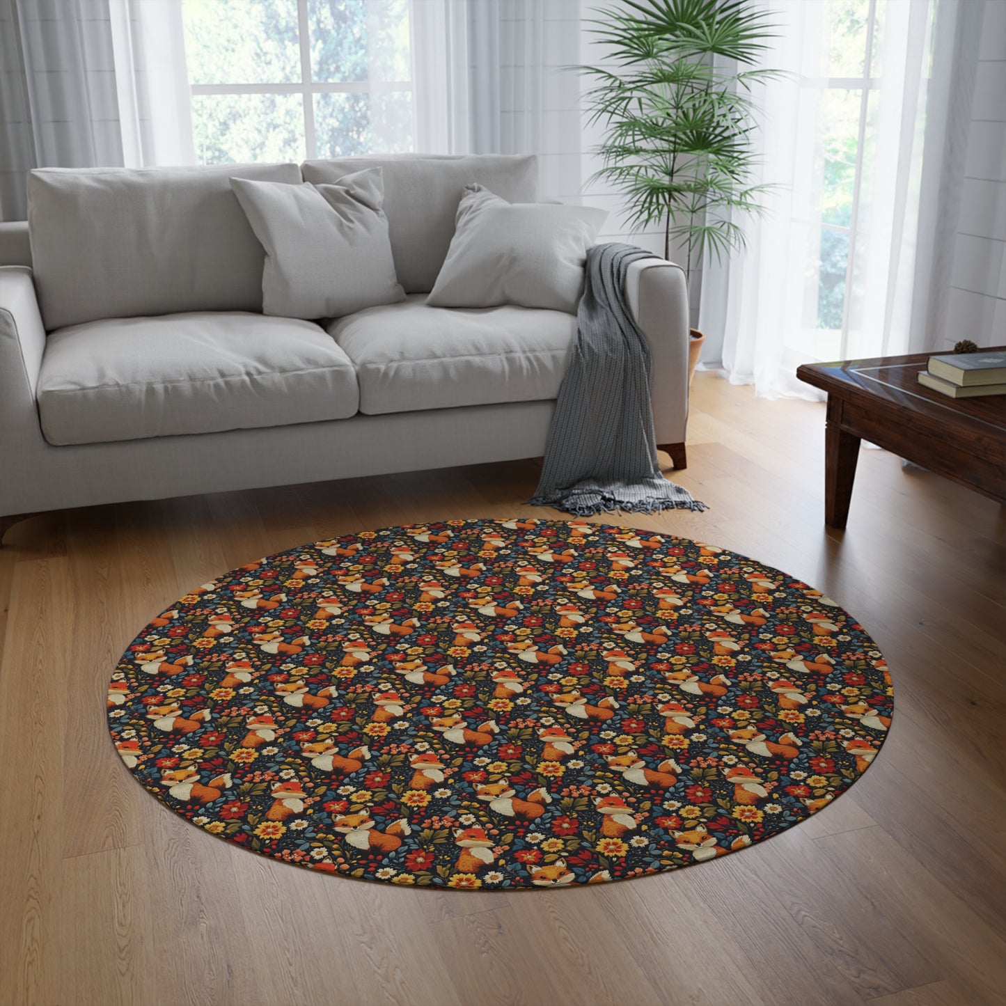 Embroidered Cute Foxes Round Rug, Fall Season Decor Carpet, Floral Pattern Area Rug