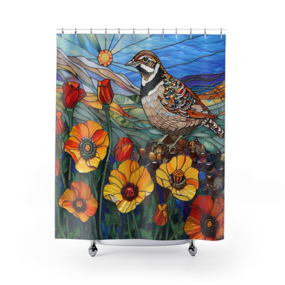 Stained Glass Valley Quail birds and Golden Poppy Field Polyester Shower Curtain