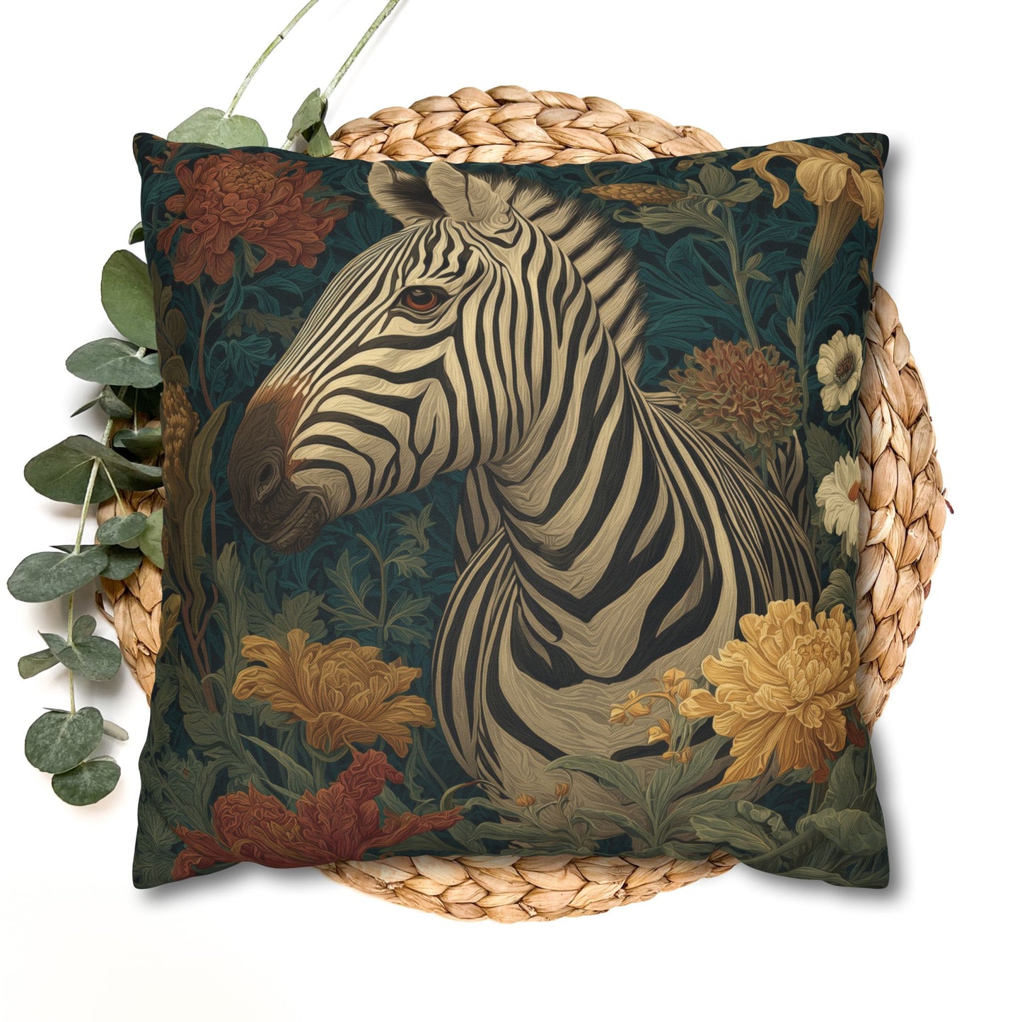 Zebra Botanical Decorative Pillow, William Morris Style Botanical Animal Cushion for Elegant Home Décor