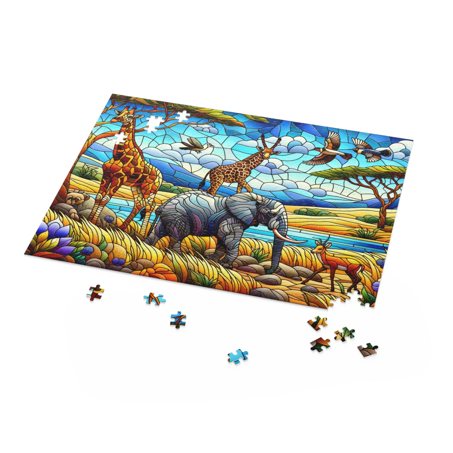 Stained Glass African Savanna forest landscape scene Jigsaw Puzzle (120, 252, 500-Piece)