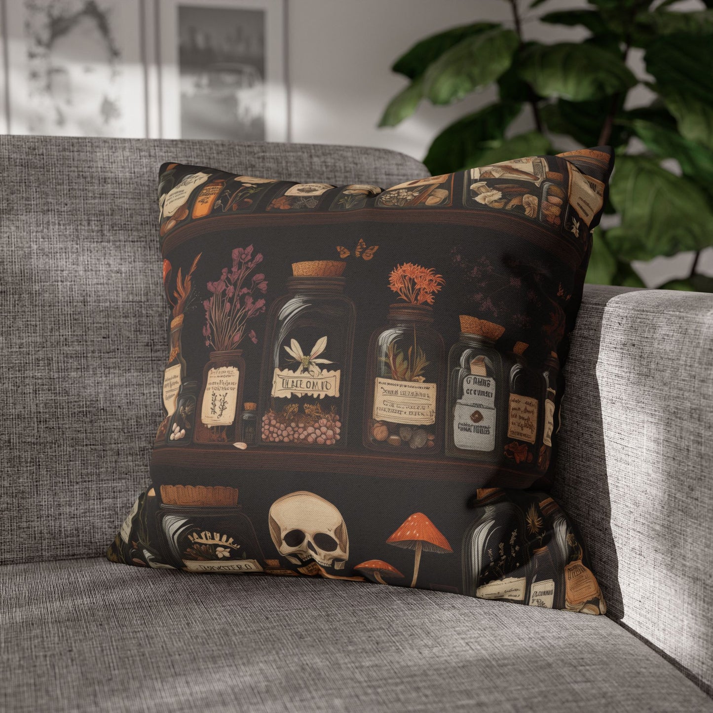 Gothic Apothecary Jars Pillowcase, Witchcraft Potion Shelf Dark Academia Throw Cushion, Spooky Halloween Decor
