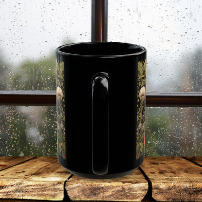 William Morris Inspired Botanical Hedgehog Black Coffee Mug For Her Him Ceramic Mug Black Mug 11oz, 15oz