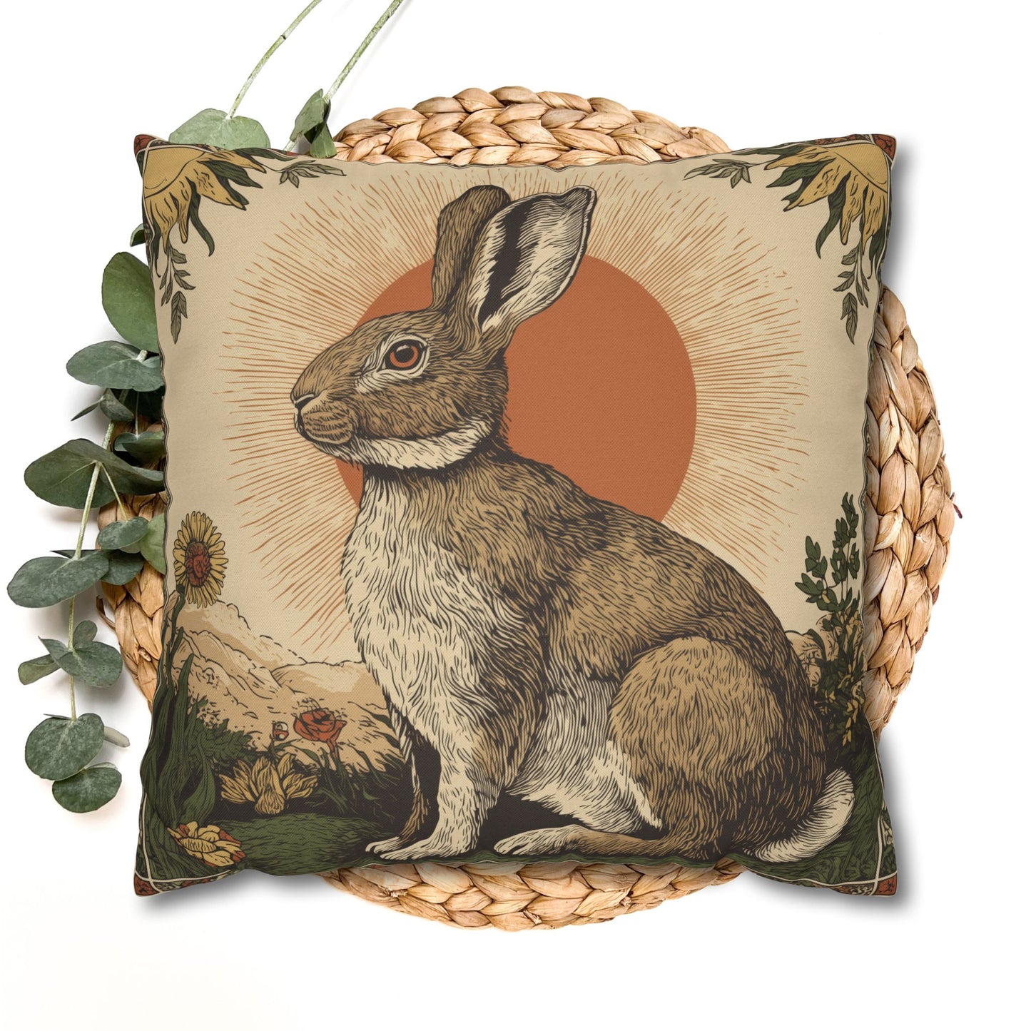 Retro Botanical Rabbit Pillowcase , Rustic Rabbit Sunburst Throw Pillow Cover