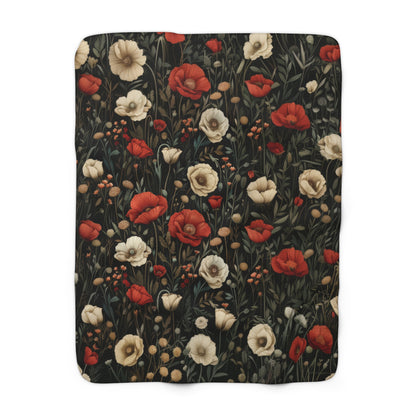 Red Poppy And White Flowers Pattern Fleece Sherpa Blanket