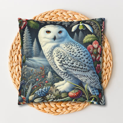 William Morris Inspired Woodland Snowy Owl Winter flowers Decorative Pillowcase