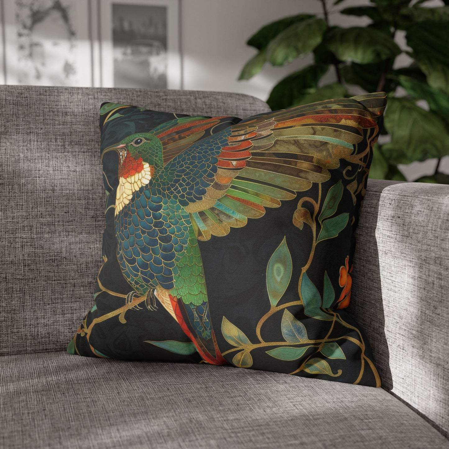 Art Nouveau Vibrant Hummingbird Pillowcase, Nature-inspired Home Decor, Throw Pillow for Living Room