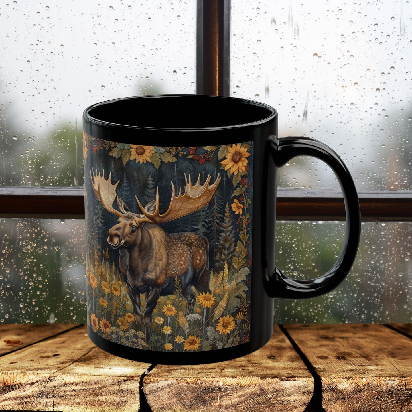 Moose Sunflower Coffee Mug: William Morris Inspired Nature Art