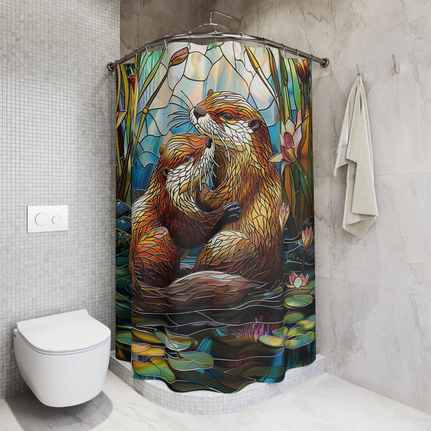 Stained Glass Otters Water Lilies, Polyester Shower Curtain