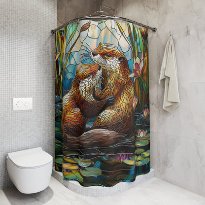 Stained Glass Otters Water Lilies, Polyester Shower Curtain
