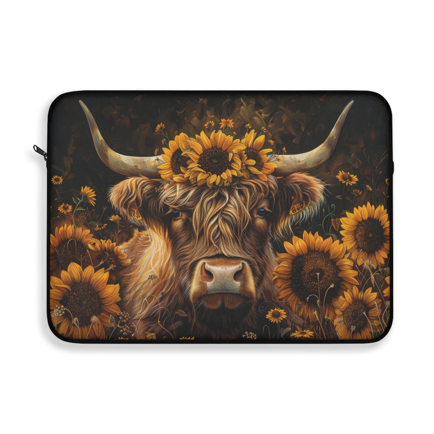 Highland Cow Laptop Sleeve, Sunflower Floral Farmhouse Art Case, Rustic Country Animal Laptop Cover (12”, 13”, 15”)