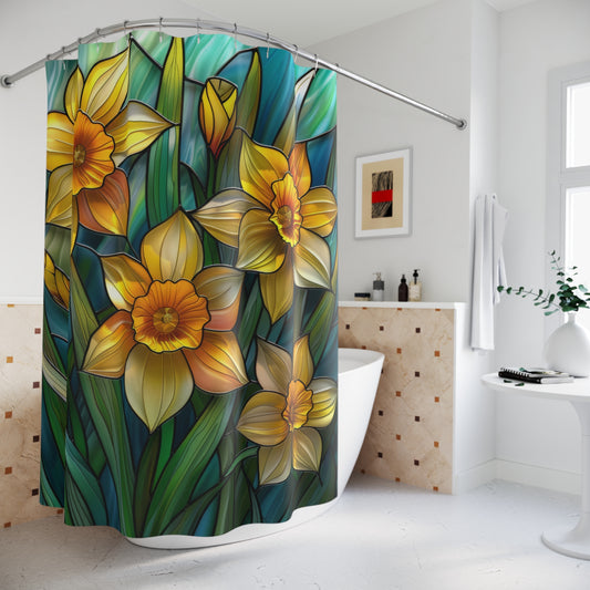 Faux Stained Glass Daffodil Flowers Polyester Shower Curtain