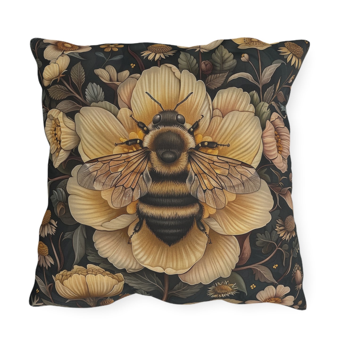 Bee Outdoor Pillow, Bumblebee Throw Pillow, Floral Garden Cushion, Pollinator Decor, Botanical Accent Pillow, Nature Lover Gift, Bee Lover Pillow