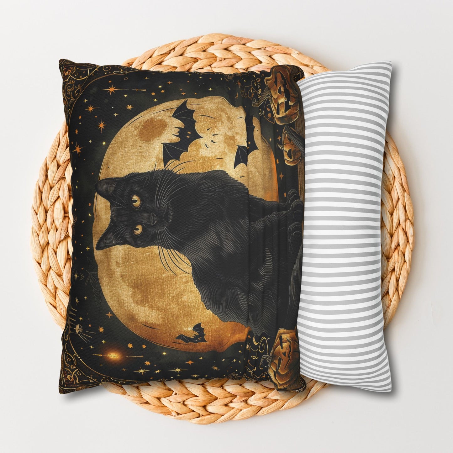 Art Deco Full Moon Black Cat Halloween Home Decor Pillowcase