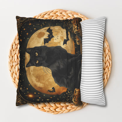 Art Deco Full Moon Black Cat Halloween Home Decor Pillowcase