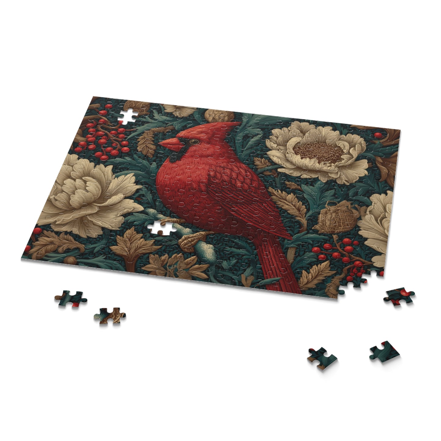 Red Cardinal Floral Puzzle, William Morris Inspired Botanical Jigsaw for Family