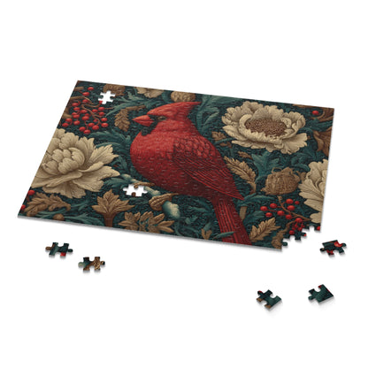 Red Cardinal Floral Puzzle, William Morris Inspired Botanical Jigsaw for Family