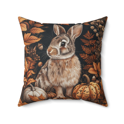 Bunny Fall Forest Square Pillow, Autumn William Morris Decor, Cute Woodland Animal Throw Cushion, Seasonal Harvest Home Accent, Cozy Rustic