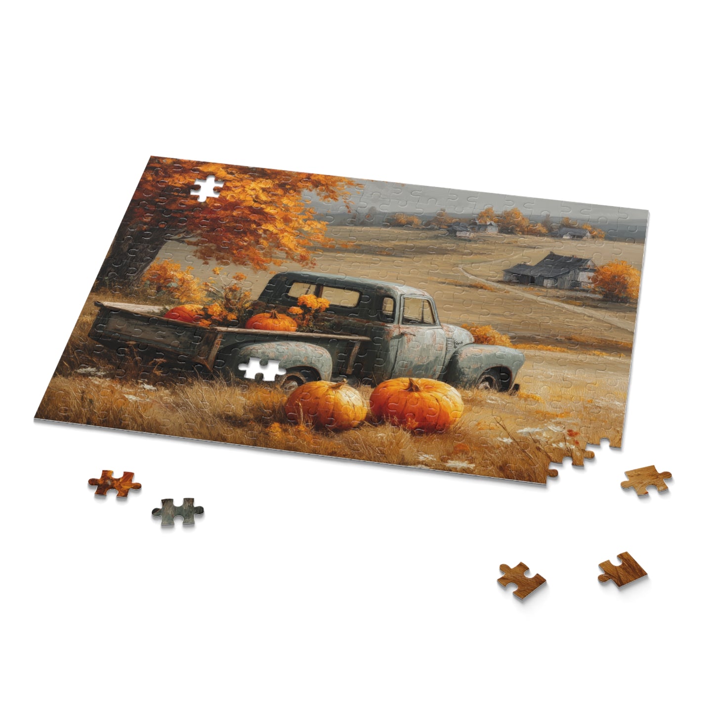 Autumn Vintage Truck Puzzle, Rustic Fall Farmhouse Jigsaw with Pumpkins (120, 252, 500 Pieces)