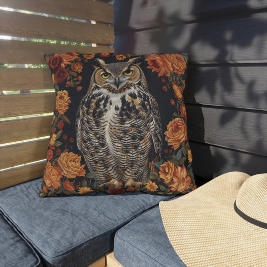 Owl Floral Outdoor Pillow, Woodland Bird Throw Pillow, Vintage Nature Cushion, Cottagecore Forest Decor, Rustic Patio Accent Pillow