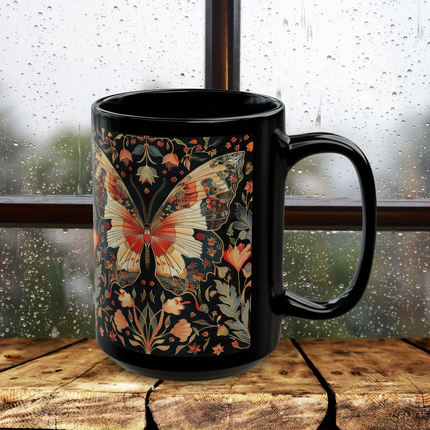 Enchanting Butterfly in the Style of William Morris, Woodland Blossoms Floral Botanical Design Black Mug 11oz, 15 oz
