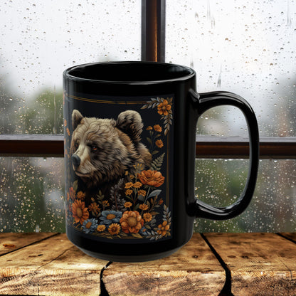 William Morris Inspired Floral Mama Bear Black Coffee Mug 11oz, 15 oz