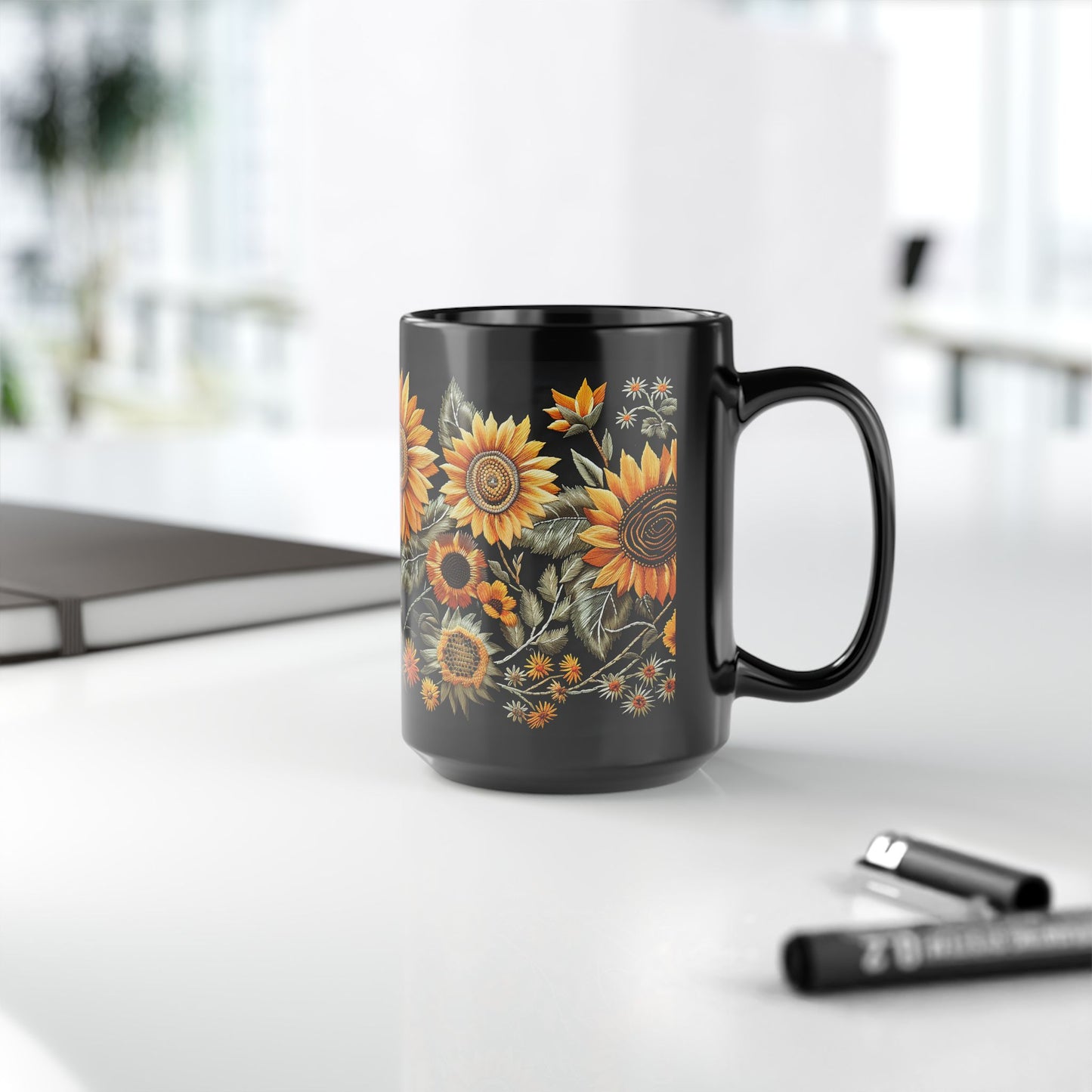 Sunflowers Pattern Embroidery Mug Black Mug (11oz, 15 oz)