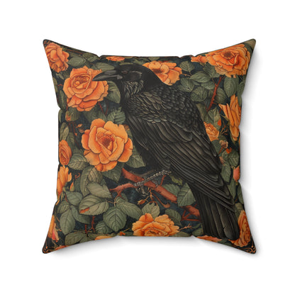 Raven Orange Roses Gothic Throw Pillow | William Morris Inspired Raven Halloween Pillow Decor