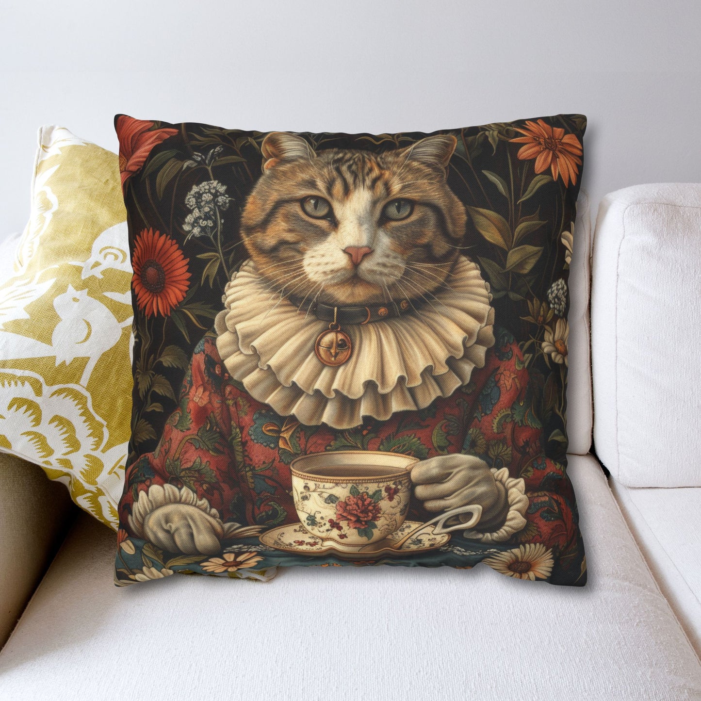 Victorian Style Portrait Of Rococo Cat, Tea Time in The Garden Decorative Pillowcase