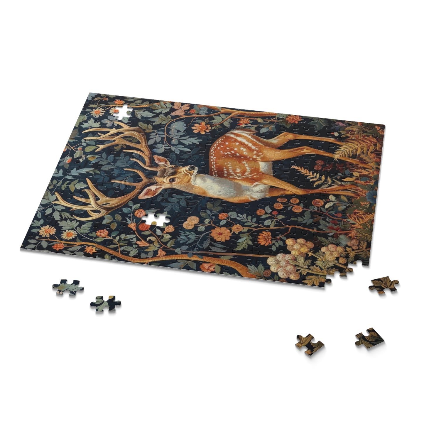 William Morris Inspired Forest Reindeer Puzzle Box (120, 252, 500-Piece) Family Jigsaw Puzzle, Puzzle Box Gift