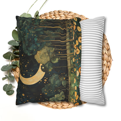 Moonlit Forest Decorative Pillowcase, Gustav Klimt Inspired Night Sky Botanical Cushion