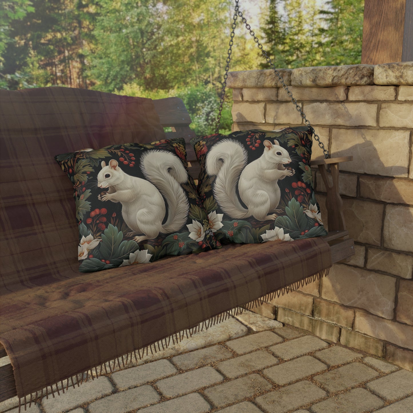 White Squirrel Outdoor Pillow, Woodland Animal Throw Pillow, Nature Cushion, Forest Decor Pillow, Rustic Cabin Accent Pillow, Wildlife Gift, Botanical Pillow