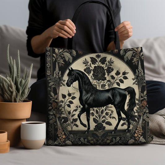 William Morris Inspired Botanicals Arabian Black Horse Tote Bag, Wildlife Tote Bag,  Cottage-core Tote Bag, Eco-Friendly Carryall