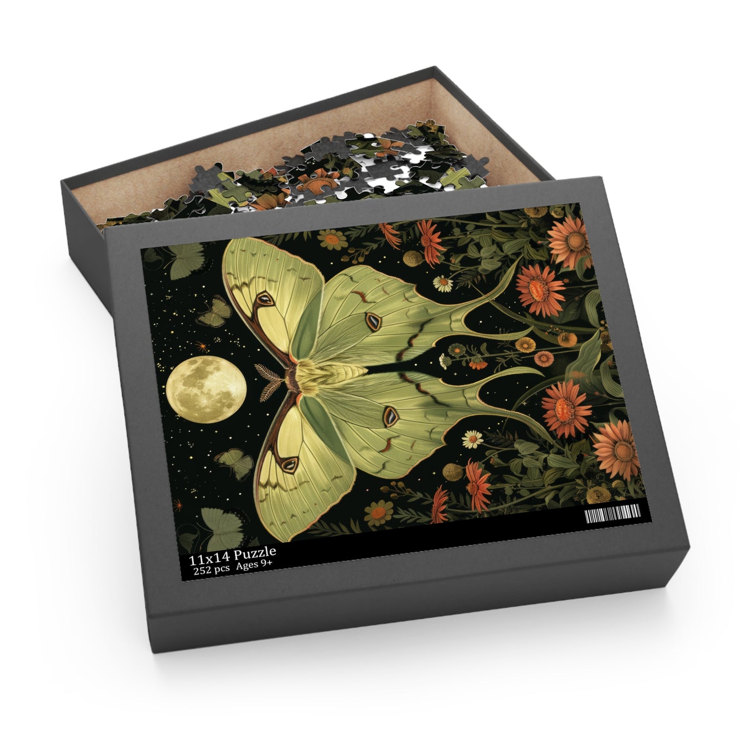 William Morris Inspired Magical Green Luna Moth Night Moon Puzzle Box (120, 252, 500-Piece) Family Jigsaw Puzzle, Puzzle Box Gift