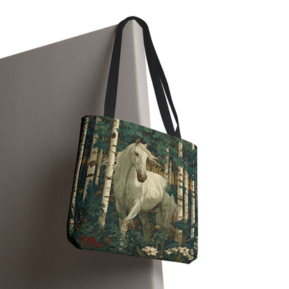 William Morris Inspired White Horse Forest Tote Bag | Woodland Stallion Market Bag