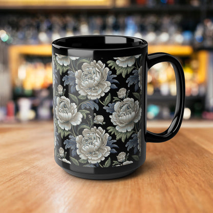 Vintage Roses Pattern Embroidery Black Mug 11oz
