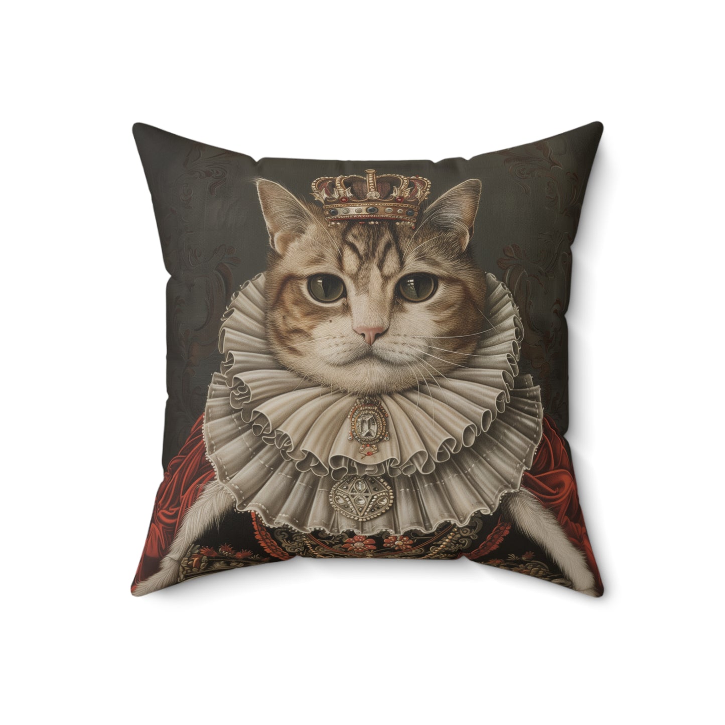 Royal Cat Decorative Pillow,  Aristocratic Kitty Cushion in Crown & Renaissance Attire, Whimsical Pet Portrait Home Décor