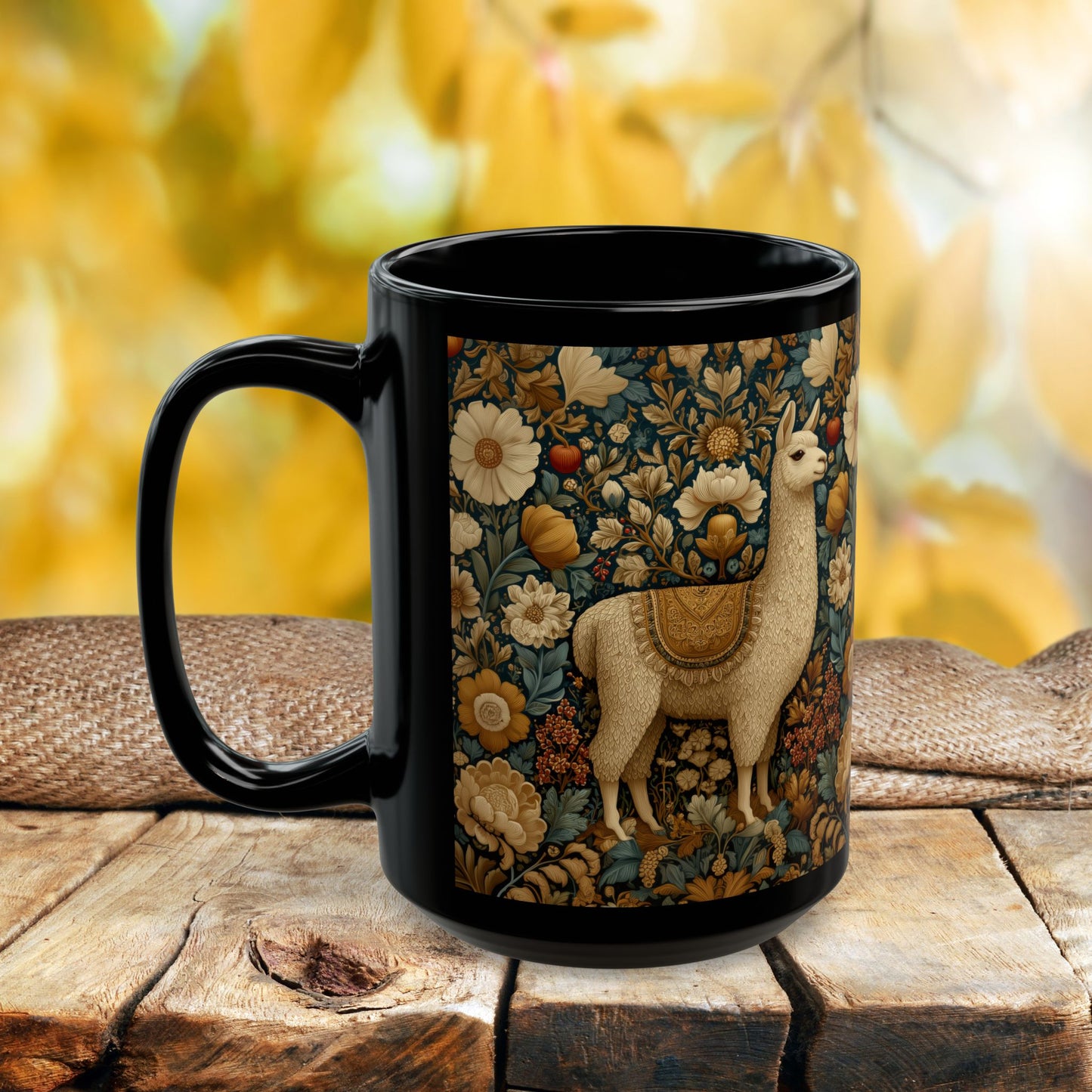 Vintage Floral Llama Mug | Black Ceramic Coffee Cup
