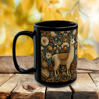 Vintage Floral Llama Mug | Black Ceramic Coffee Cup