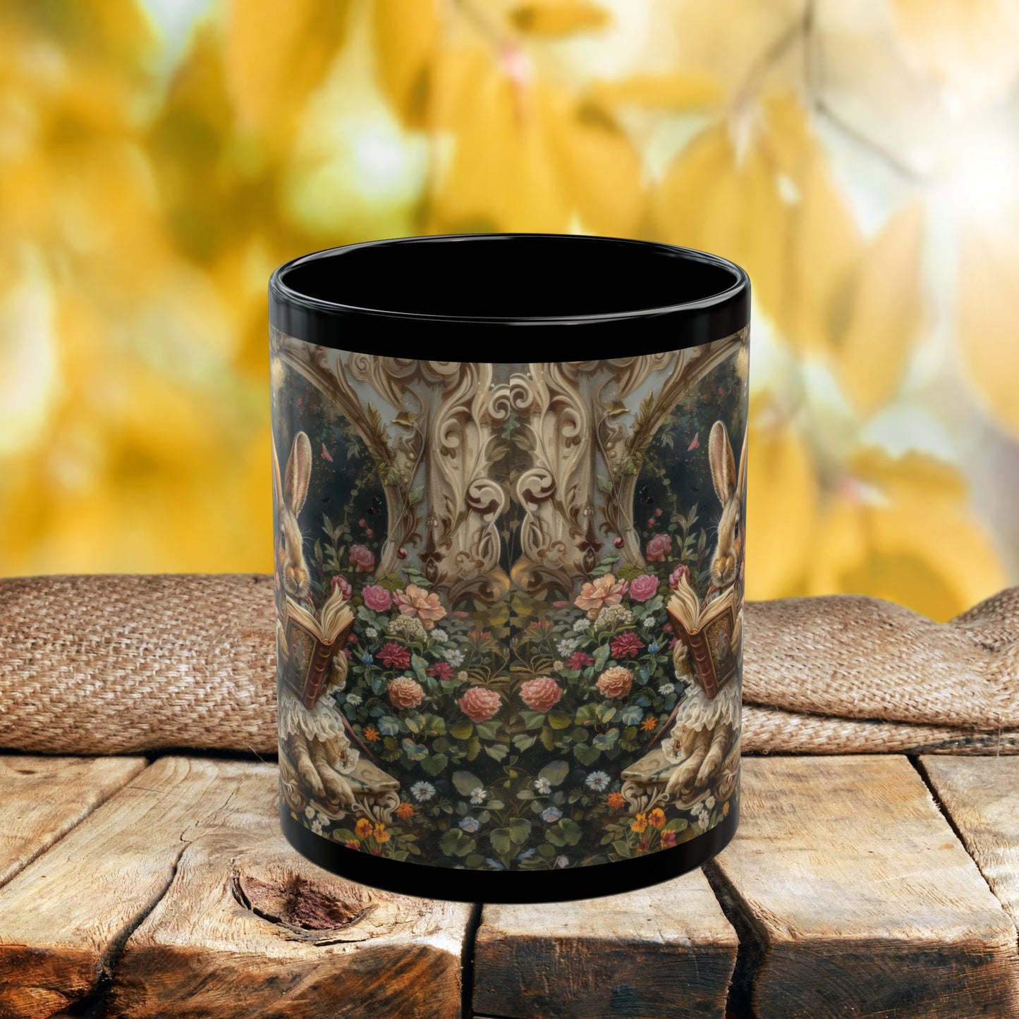 Whimsical Rabbit Black Mug, Easter Bunny Coffee Cup, Floral Decor Coffee Mug, Cute Animal Gift, Morning Tea Mug