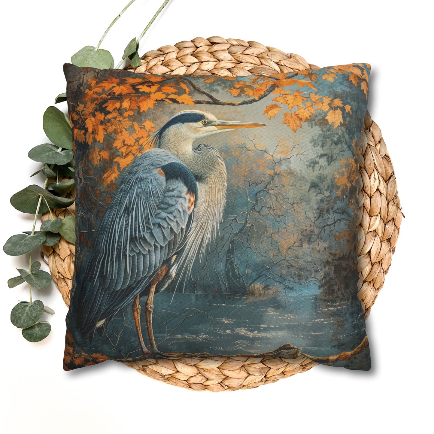 Autumn Heron Throw Pillowcase: Rustic Lake Scene Wildlife Decor