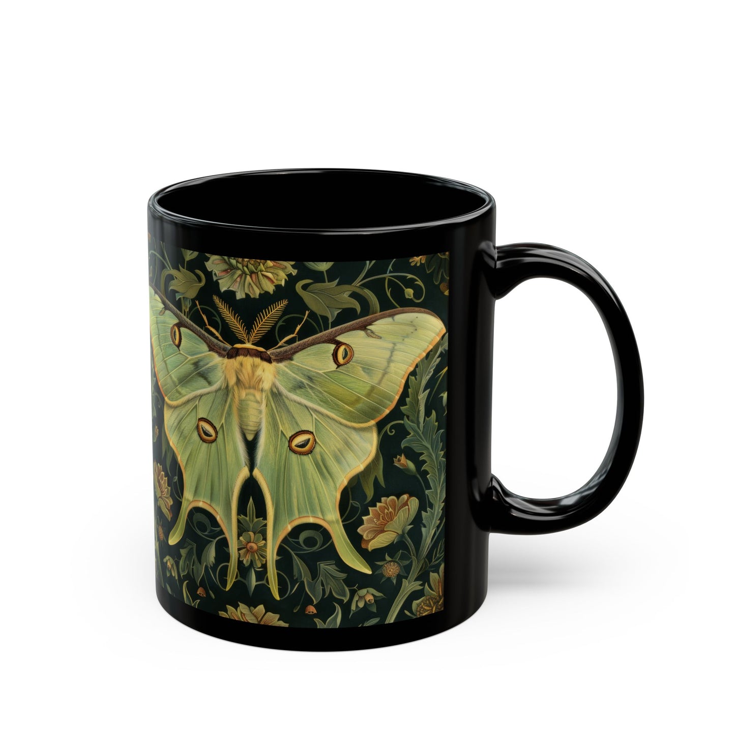 Woodland Luna Moth William Morris Inspired Black Coffee Mug For Her Him Ceramic Mug Black Mug 11oz, 15oz