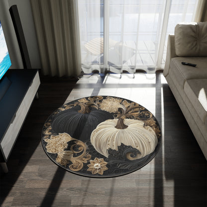 Neutral Pumpkin Round Rug, 5ft Quilled Fall Pumpkins in Black & Cream, Elegant Autumn Floral Scroll Art Area Rug