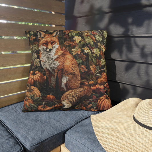 Autumn Fox Outdoor Pillow, Woodland Fall Throw Pillow, Rustic Animal Cushion, Pumpkin Forest Decor, Cottagecore Patio Accent Pillow