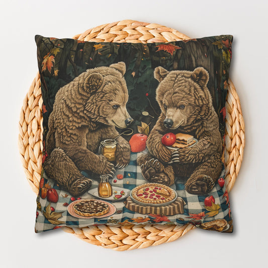 Whimsical Woodland Picnic Bears Fall Leaves Decorative Pillowcase, Cottagecore Home Decor