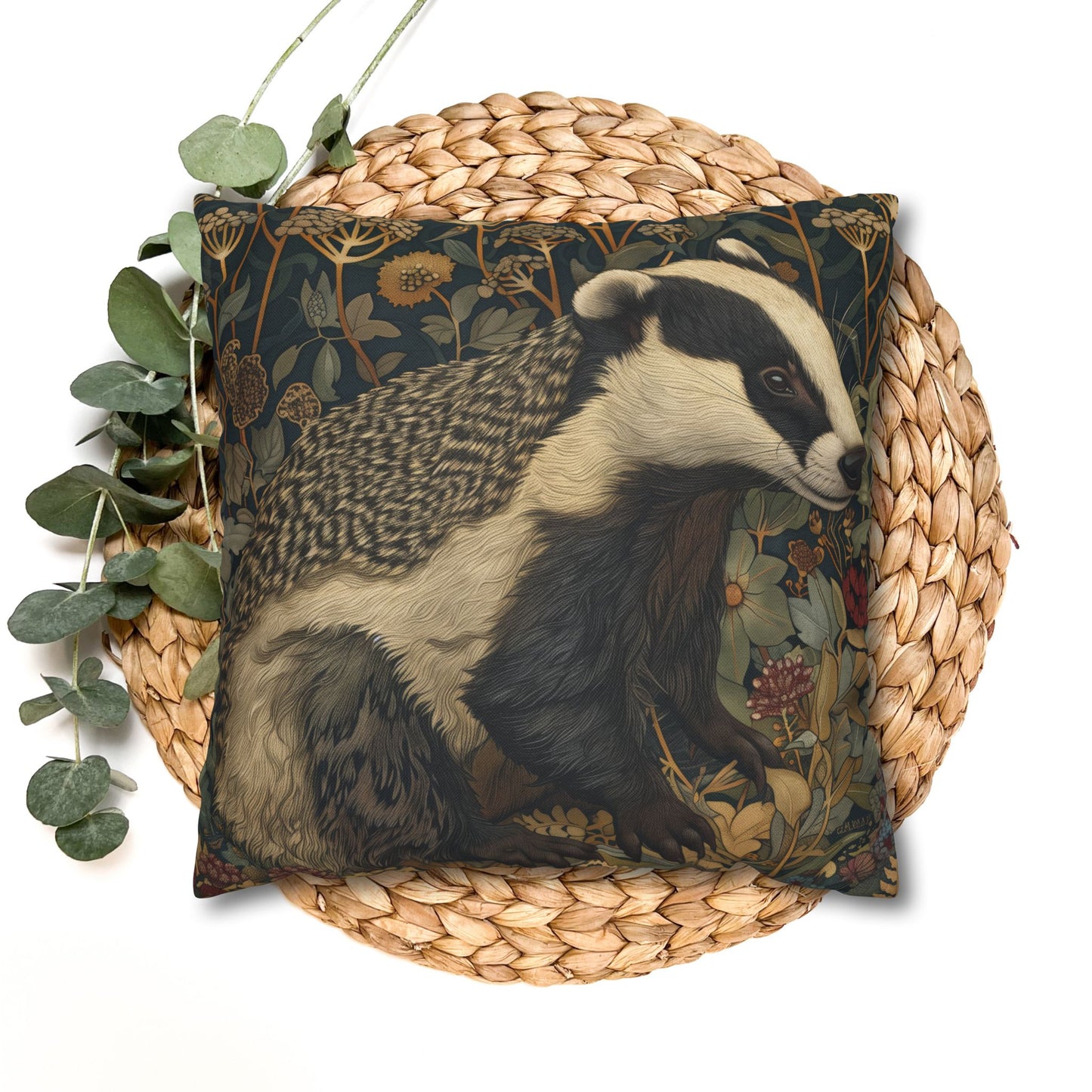 Vintage Badger Botanical Pillowcase, William Morris Inspired Woodland Animal Cushion